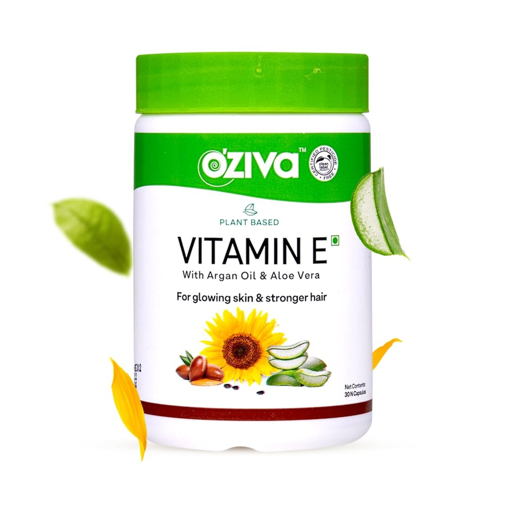 OZIVA 工厂 100% 天然维生素E + Aloe Vera + Argan Oil for Glowing Skin & Starge hair, 30 Veg Capsules, 非转基因生物