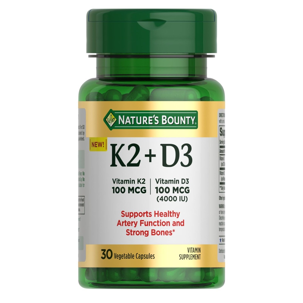 大自然的丰厚维生素D3 K2 补充剂,4000 IU 维生素D3 + 100 mcg 成人心和骨健康支助维生素K补充剂,30天供应,30个蔬菜盖
