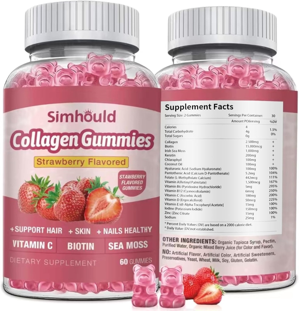 Vegan Collagen Gummys for Women Attiging, Skin, Hair Nails, Collagen type 1 and 3, Biotin, Sea Moss for Men - 无糖,非GMO, 60 Collagen 补充 Gummys