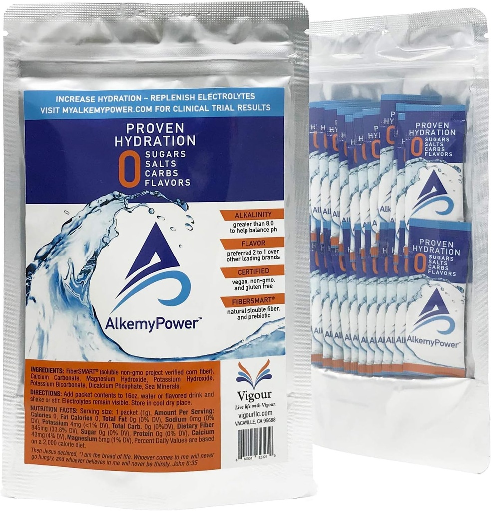 AlkemyPowerTM 液压电解石粉、无糖、盐、碳、火焰或卡路里、100%自然、方便棒包、30个计数