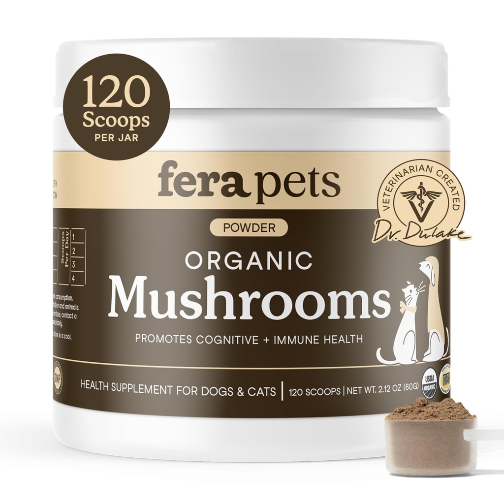 Fera Pets Mushroom 配有土耳其尾巴的狗和猫补充剂 - USDA有机体 - 认知和免疫支持 - 增强肝功能 - 支持健康的口服 - 粉末 - 120 Scoops