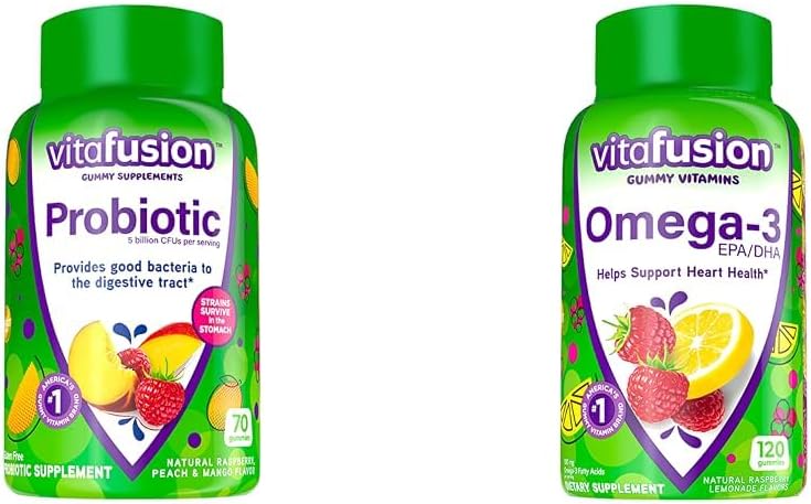 维他命 Probiotic Gummy 补充品,Raspberry,Peach 和Mango Flavors & Omega-3 Gummy Vitamins,Berry Lemonade Flamwared, 心脏健康维他命(1) 与Omega一起