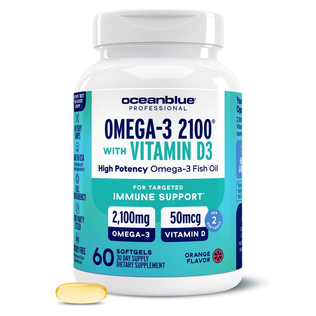 海洋蓝专业Omega-32100 配有维生素D3 – 60 cm – 配有高概率EPA,DHA,DAA和维生素D3的三强无鱼油补充剂 野生-捕捉-橙色Flavor(30名服务员)