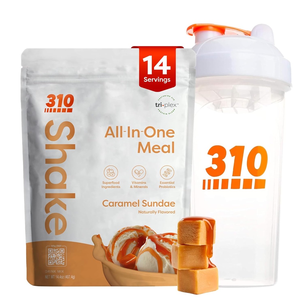 310 营养全能一餐替代 摇头粉 W/Shaker Cup 启动器 Kit - 高蛋白纤维富豪 Vegan 超级食品组合 - 无糖, Keto & Paleo 友好,低碳 - Caramel Sundae 14 srv