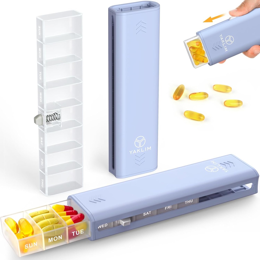Yaklim 7-Day Pill Organizer Daily: Travel Pill Box Portable Pill Case to Hold Medicine, Supplement, Vitamin, Fish Oil Cute 1-Week Pill Holder for Trip, Office (Purple)