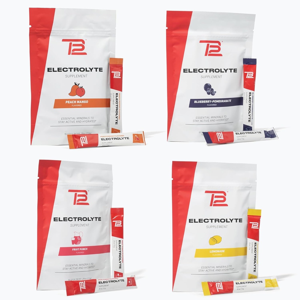 TB12 快速水解的电解石粉,由Tom Brady制作,4-Pack Stickpacks (Lemonade,蓝莓石榴,水果冲和桃芒果),天然,易混合,低糖,低卡罗里(60种服务)