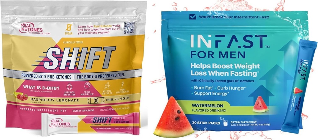Real Ketones Intermittent Fasting drink Mix Bundle 为重量损失支持 Raspberry Lemon Shift Electrolytes 和 Intermittent Fasting Electrolytes 为男子配有 BHB 外源Ketones(每架30个计数)的快速电解装置