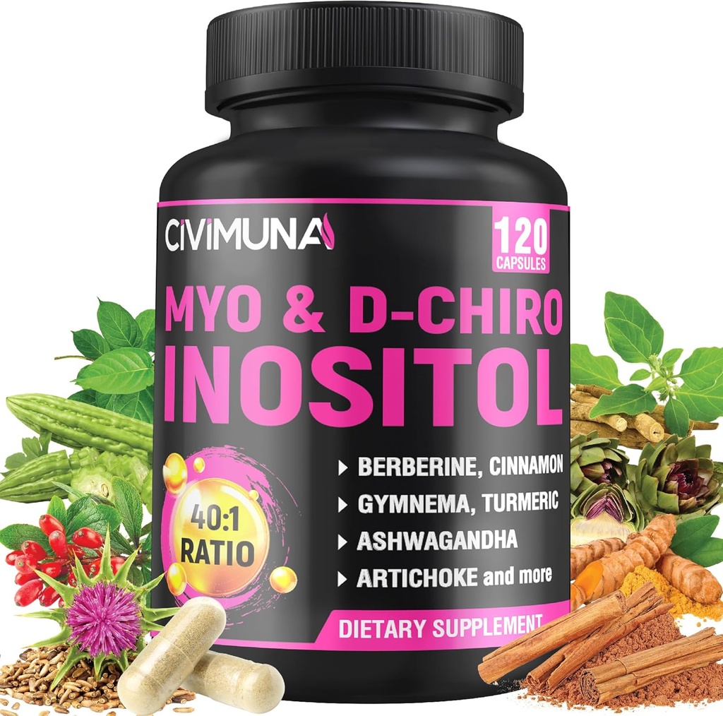 伊诺西托尔补编 -- -- Myo-Inositol和D-Chiro Inositol Plus Ashwagandha、柏培林、肉桂和5 Mores -- -- 120卡普尔