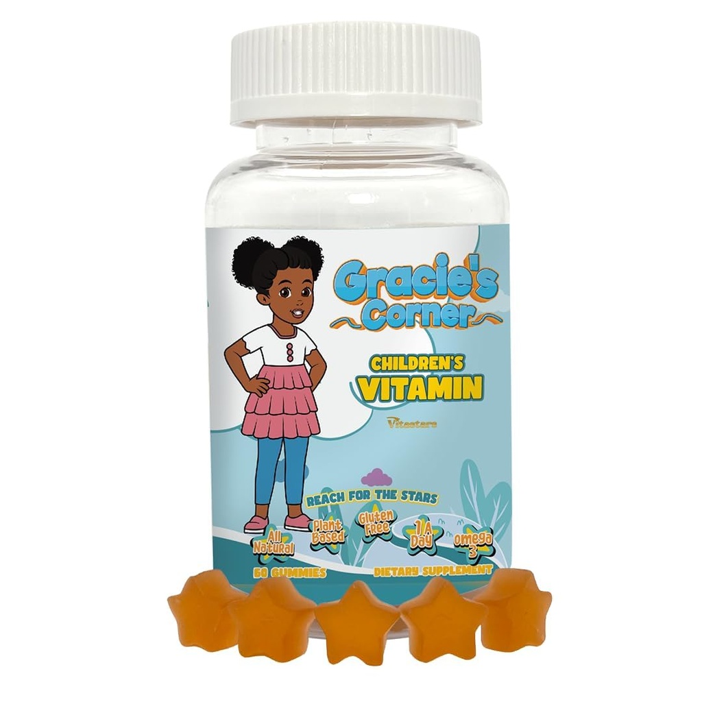 Gracie的Corner Stars Kids Multivitamin Gummys with Omega 3 - 儿童维生素A,B,C,D - 明星形状的托德勒 多维塔明,植物型,无糖型 Kids Gummy Vitamins, 60 Counter