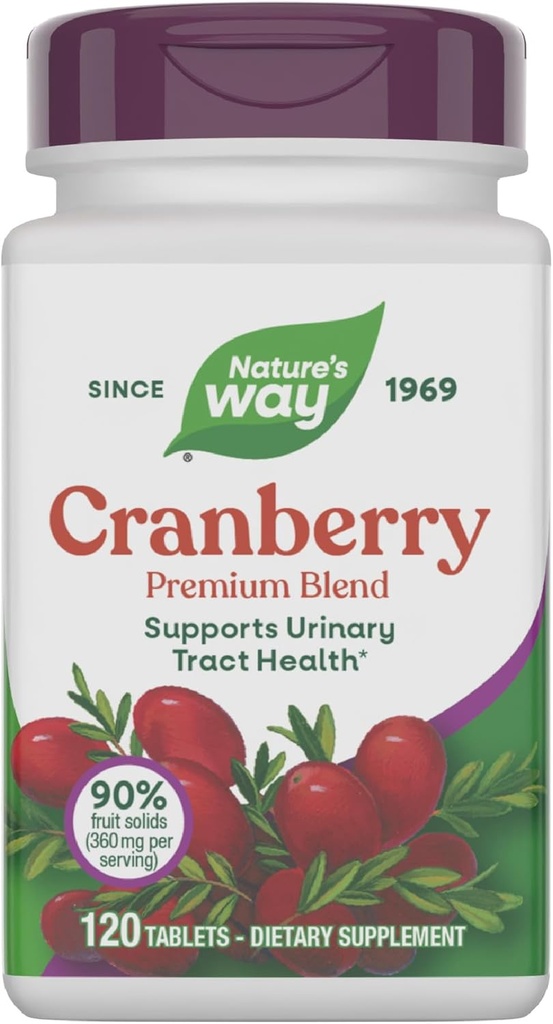 自然之道 Cranberry Premium Blend, 支持尿道切除术健康*, 有维生素C, 供男性和女性使用, 无 Gluten, 120片(包装 May Vary)