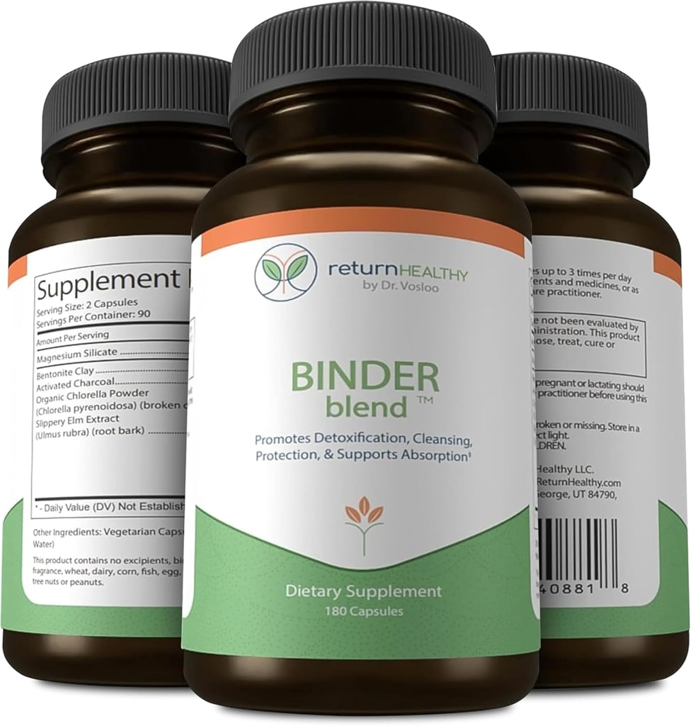 Binder Blend - 毒素Binder补充剂,Detox Capsules for a health Gut - 180 Capsules - 90 services - 960mg 活化炭和480mg 有机氯酸盐 - 布洛丁酸 - 苯胺Clay, 3 Pack