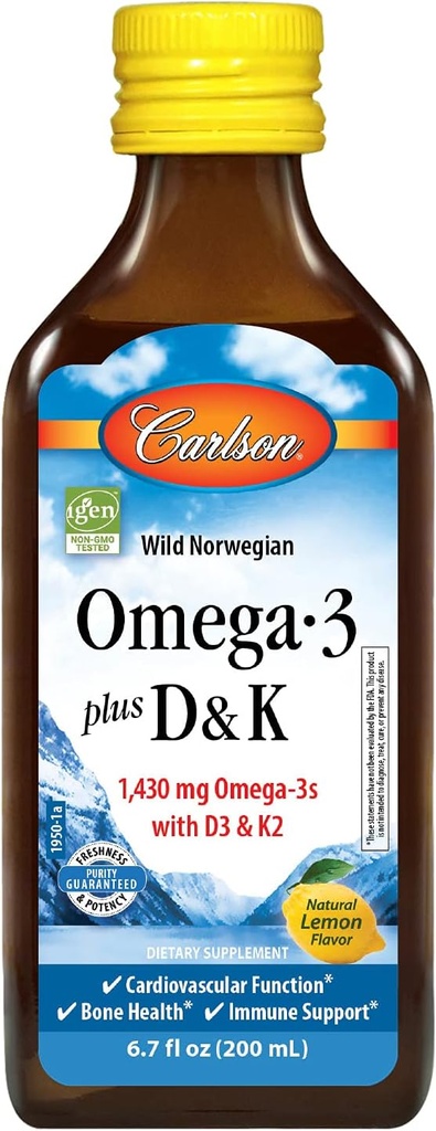 Carlson - Omega-3 + D & K, 1430 mg omega-3s, 2000 IU (50 mcg) D3, 90 mcg K2 作为 MK-7, 心脏健康, 骨支持, 柠檬, 200 mL