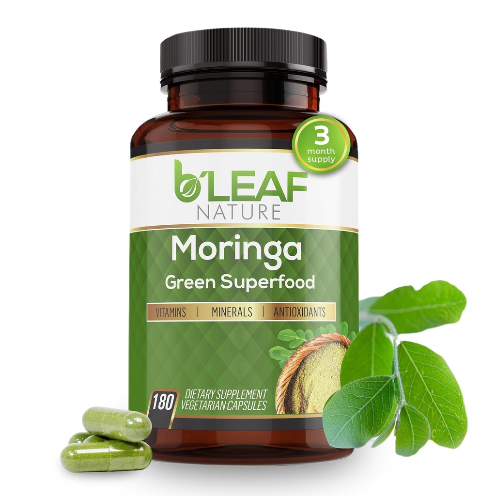 B'LEAF NATURE 有机莫林加 Capsules 1000mg, 180 Count – Moringa Capsules 配有有机奥莱费拉火药用于免疫支持,能源与平衡 — Vegan,非GMO 日常健康补充剂