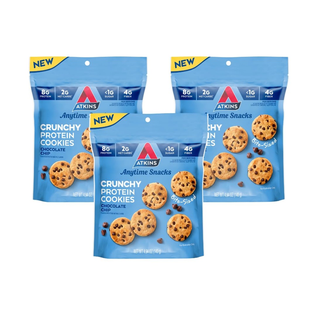 Atkins Bite-Sized Crunchy蛋白饼干,巧克力芯片,8g蛋白,4g纤维,1g Net Carb,1g Sugar,Keto Friendly,3 Bags (5架Per Bag)