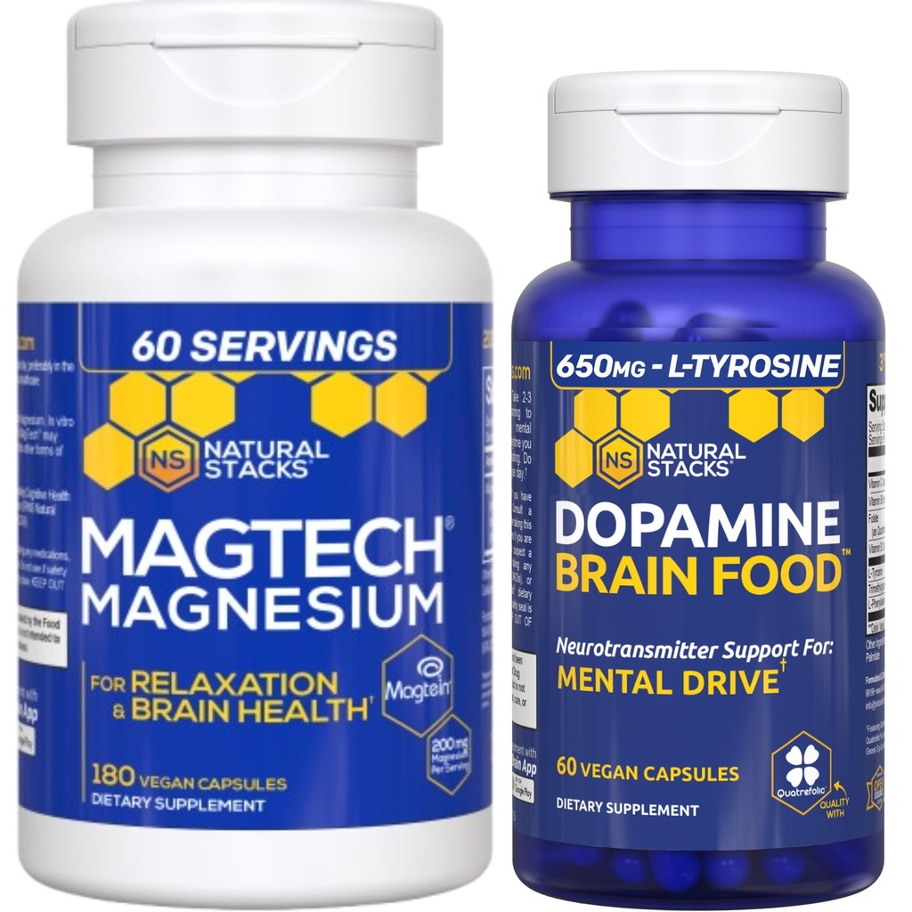 Natural STACKS 多巴胺脑食品 + Magtech Magnesium 补充包 - 支持焦点,放松和内存 * - 240 总包