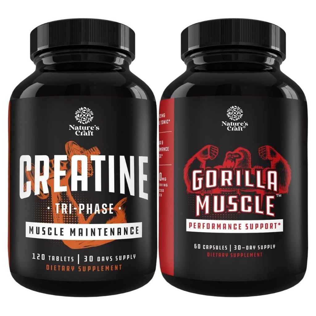 Tri Phase Creatine Pills 5g和超强测试促进器-肌肉质增益器和肌肉恢复 Creatine HCL Pyruvate - 天然能源补充剂Horny Goat Weed