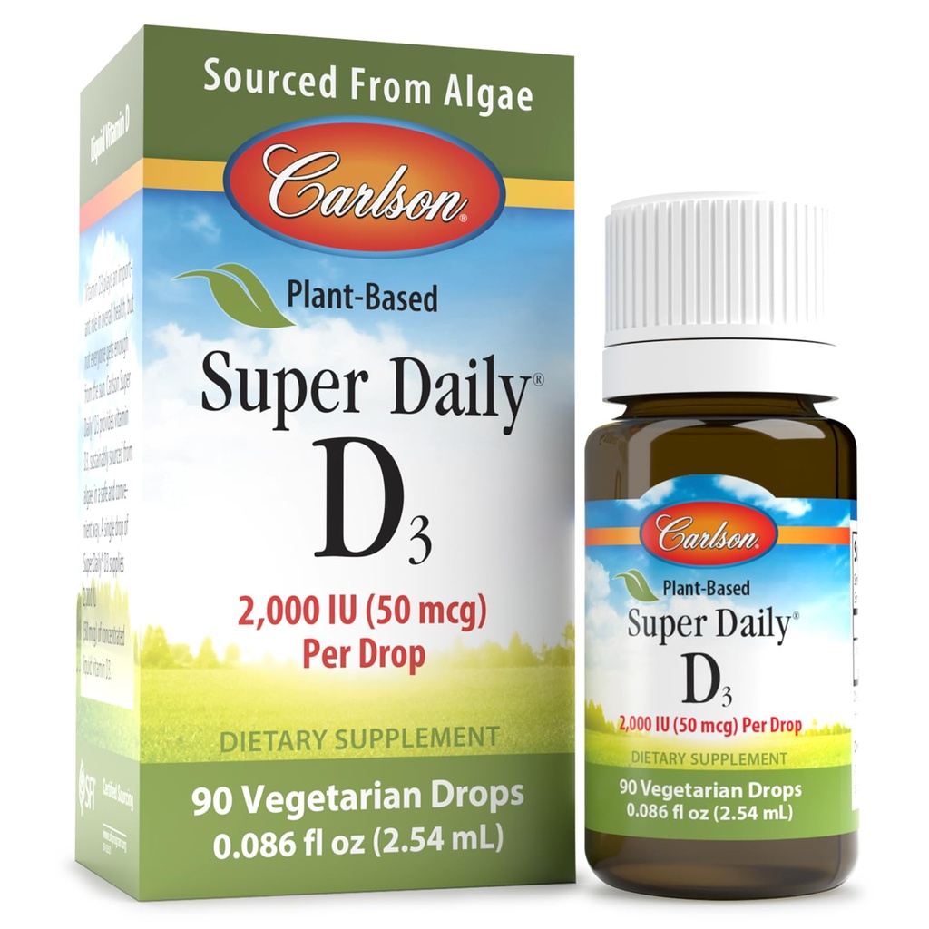 Carlson - 植物类超级日报 D3 2000 IU(50 mcg) / Drop,植物类维生素D Drops,液体维生素D3,来源于藻类,无味,90 Drops (2.54 mL)