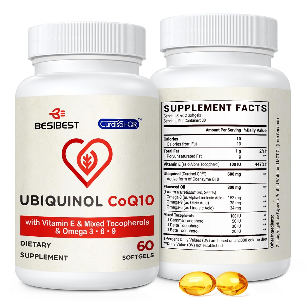 Besibest Ubiquinol CoQ10-600mg-Softgel, Active Coq10 Ubiquinol 配有维生素E & Omega 3, 6, 9, 高吸附-Coenzyme-Q10, 能源生产的强抗氧化剂, 测试, 60 Counter