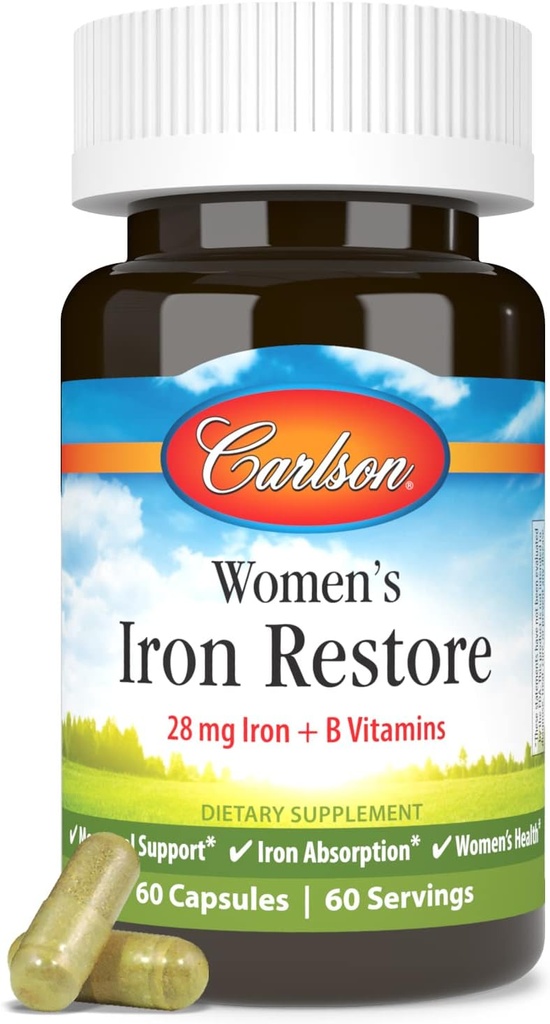 Carlson - 女性铁修复,28 mg 铁+ B 维生素,月经支持,铁吸收和妇女健康,60 Capsules