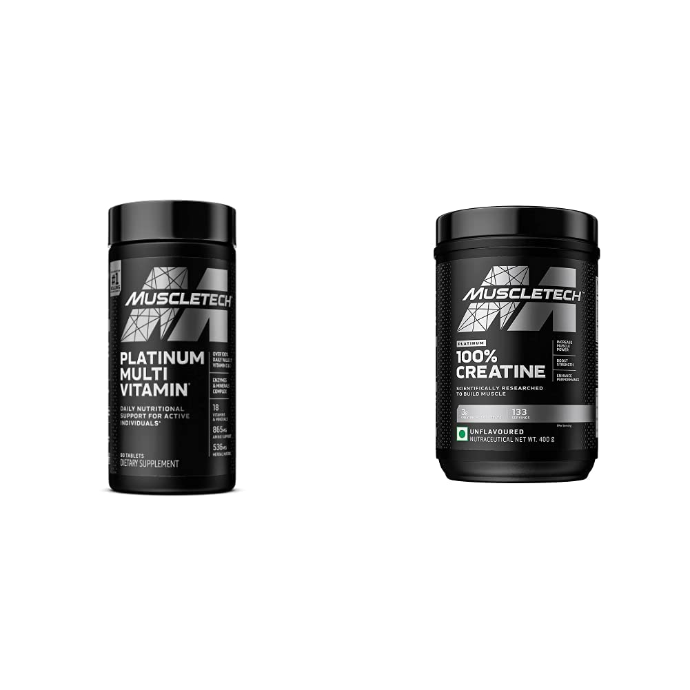 肌肉Tech Creatine 单水合物 粉末白金 纯微粒化 肌肉恢复 + 建材和白金 多维特敏用于免疫支持 18 维生素和矿物