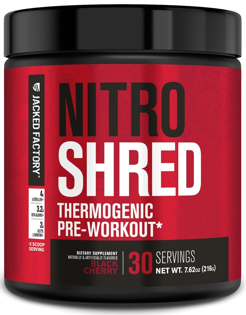 Jacked Factory NITRSURGE Shred Pre Workout Supplement - 能量助推器,即时强力增益器,尖锐聚焦器,强力泵 - Nitric Oxide Booster & PreWorkout Power - 30Sv,黑樱桃