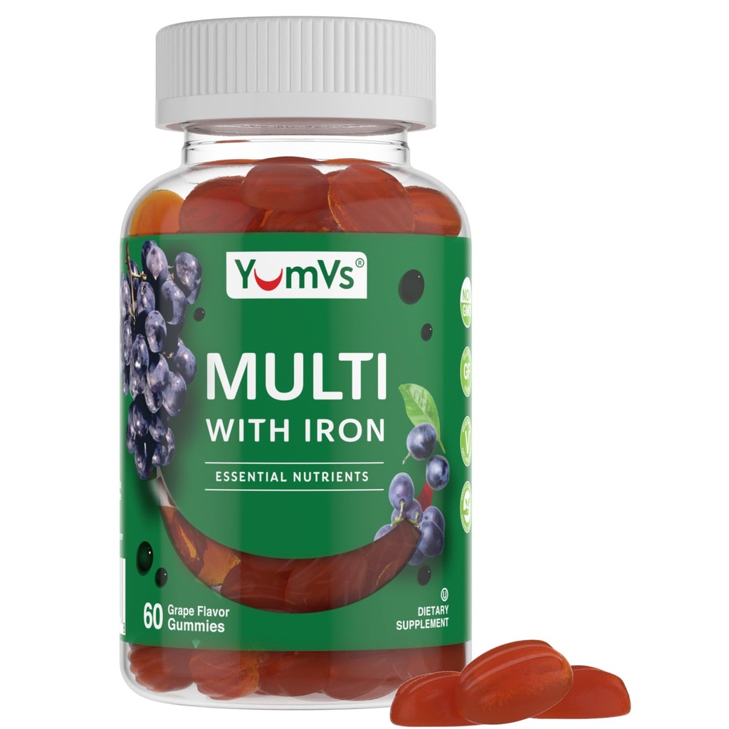 YUM-V's Iron Gummys - 多维他命铁辅料与维生素C, A, B & Zinc, 支持血氧, Vegan 补充 女性,男子和孩子促进增长和发展 - Grape Flavor QQ 60 Count