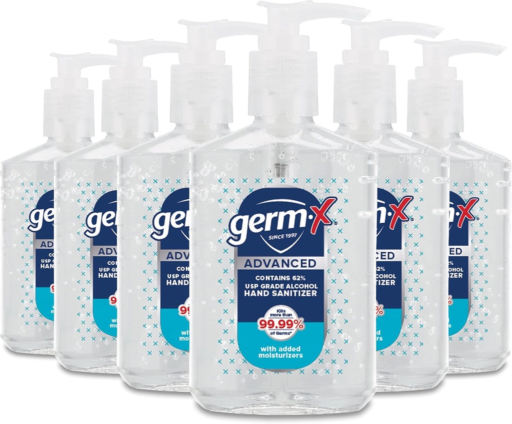 Germ-X 高级手卫生器、非干燥润滑剂 Clear Gel、Instant 和 No Rinse 公式、返回学校用品学院、泵瓶、8 Fl Oz(6包)
