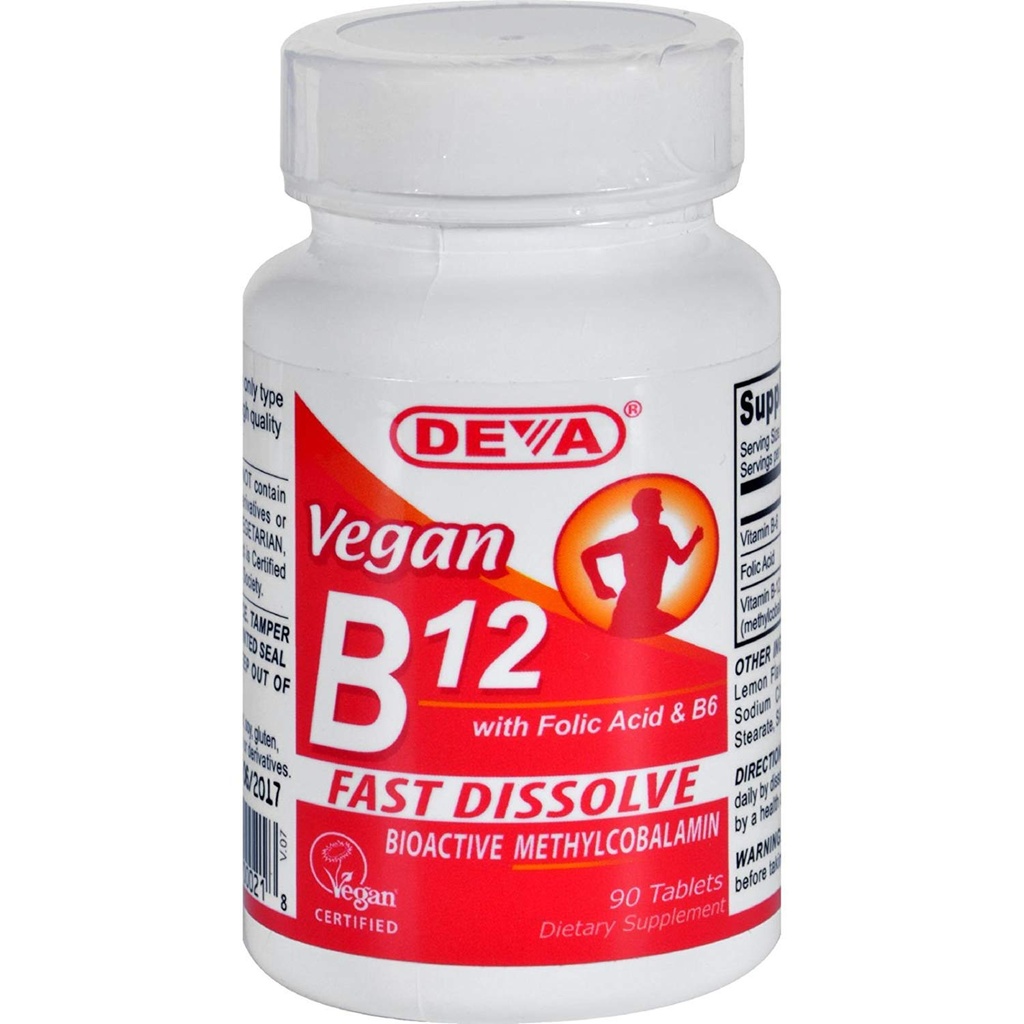 Deva 营养 Vegan B12 含叶酸的副语言1000毫克克和B6 未经认证的Kosher -- -- 由Deva 营养学提供的90块