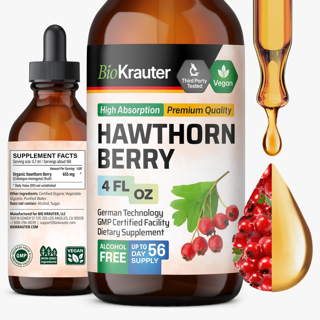 BIO KRAUTER Hawthorn Berry 提取 Tincture - Natural Hawthorn Berry 补充 - 100%纯度配方 - Vegan 糖和无酒精 - 4 Fl. Oz. - 56天供应.