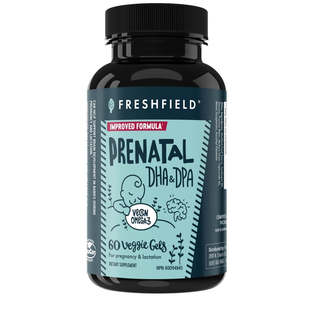 Freshfield Pretain Vegan Omega 3 DHA:可持续,卡拉盖南自由,第三方测试,可压缩瓶,碳中性. 支持心、脑、联合保健