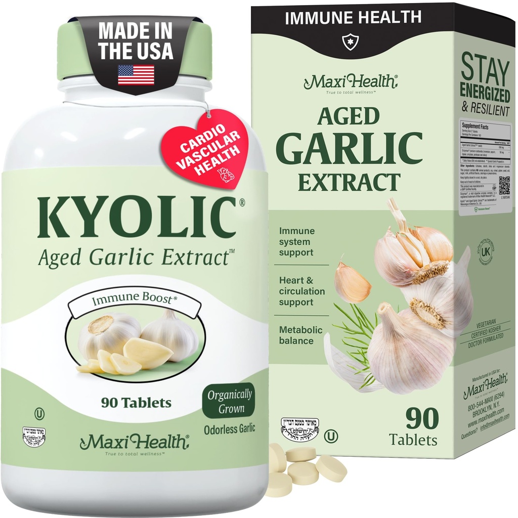 Maxi Health Kyolic Organic Garlic 补充 - Kosher Garlic 配有 Kyolic Aged Garlic 提取器,用于Immune 支持 - 蔬菜 Garlic Pills (90 Counter)