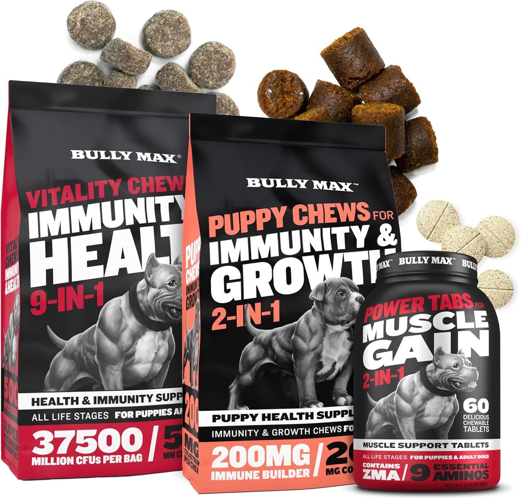 Bully Max Dog Virtuality Chews, 肌肉构建器 Tabs (60 tabs) & Puppy Chews Bundle – 肌肉支持、免疫健康以及小狗、成年人和老年人全面营养的每日狗类补充