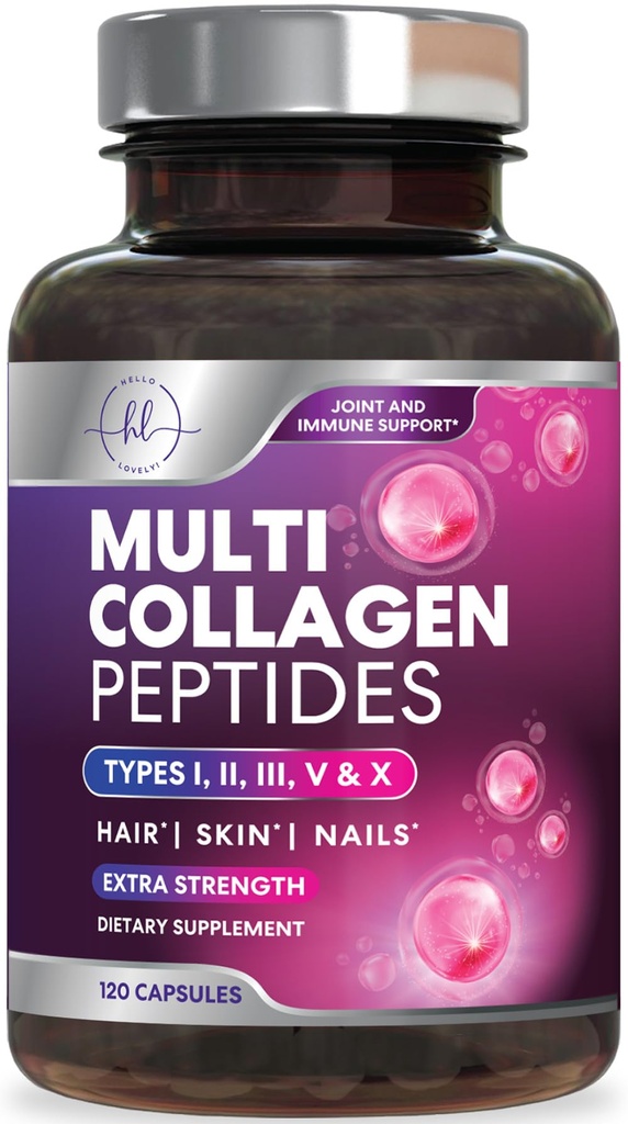 多Collagen Supplement 24 mg - 类型 I, II, III, V & X 多Collagen Peptides Pills for Men & Men, 水解Collagen supplements, hair, Skin, Nail, & 联合支助补编, 120 Capsules