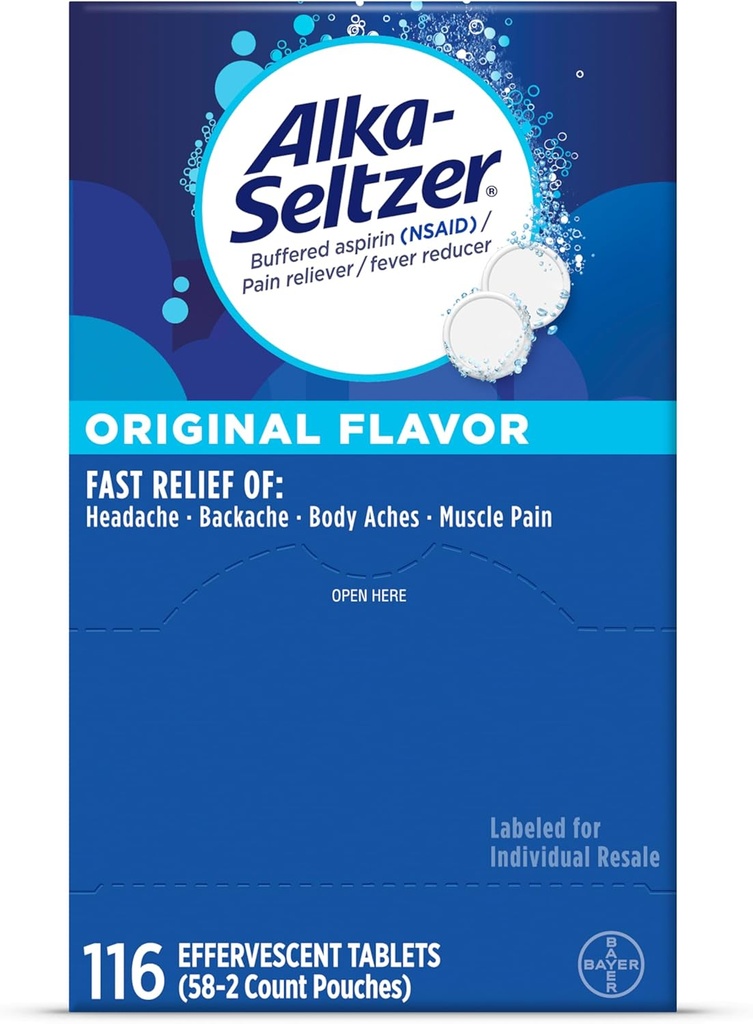 Alka-Seltzer Effervescent 平板电脑原版Flavor,快速多音节减除头痛和身体痛,可溶解的Effervescent Fizzzy 平板电脑,疼痛救济药包,116 Ct
