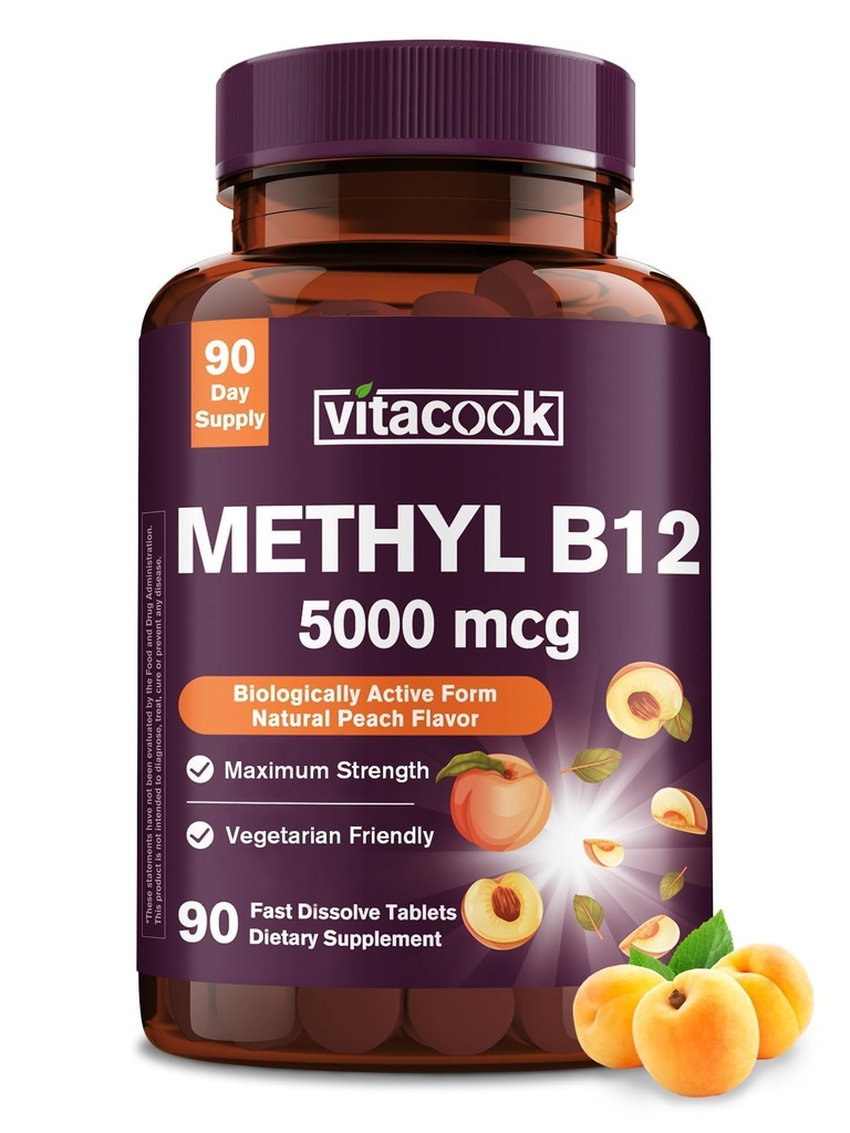 维生素B12 亚语、甲基Cobalamin 5000mcg用于能源生产、能源、Nerve和细胞支持、天然桃花、Vegan、零糖、90个快速溶解片