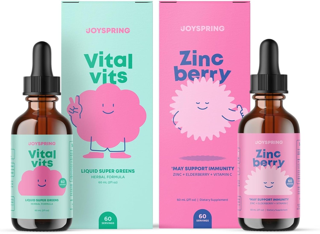 JoySpring Daily Multivitamin & ZincBerry Bundle 儿童维生素自然来源,非GMO,非酒精液体配方,豁免健康支持 QQ Vegan & 蔬菜补充品