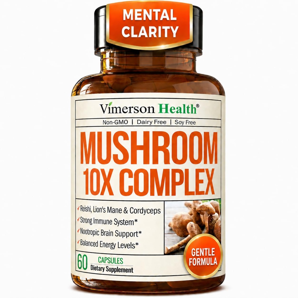 Mushroom 10x Complex with Lions Mane Extract, Turkey Tail, Cordyceps, Reishi, Shiitake, Chaga & Maitake for Cognitive Support – Vegan Mushroom Supplement Blend for Natural Energy & Focus – 60 Capsules