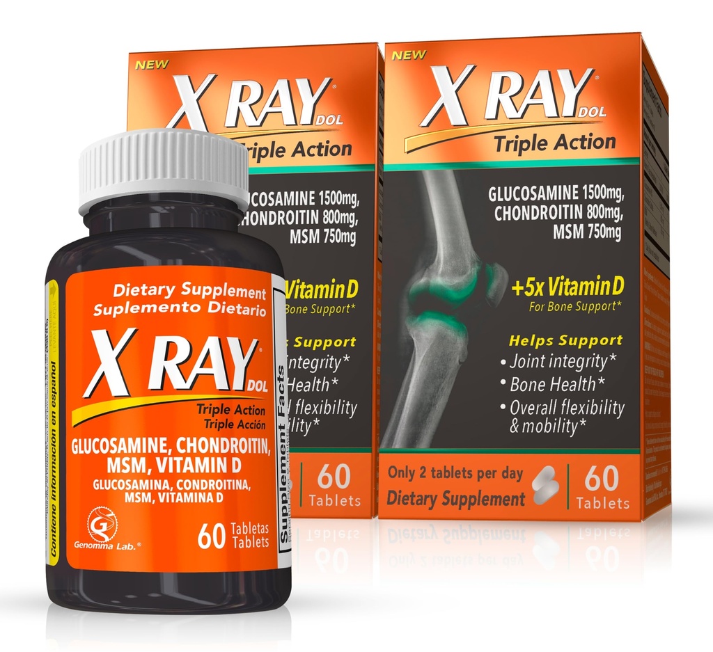 X 雷·多尔三联行动联合支助补编,配有Glucosamine 1500mg、Chondroitin 800mg、MSM 750mg和5X 健康关节、骨骼和卡蒂拉奇维生素D - 每瓶60个计数 - 2个包装