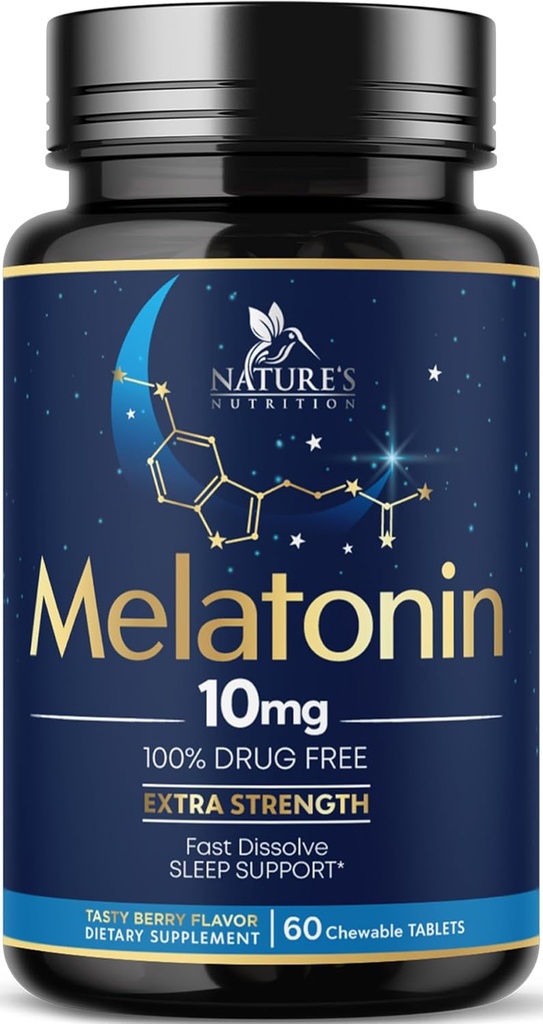 Melatonin 10mg 快速溶解片 - 超强,无糖的Melatonin 补充 休息支持 成人自然睡眠支持补充 美味草莓 Flavor 60 板
