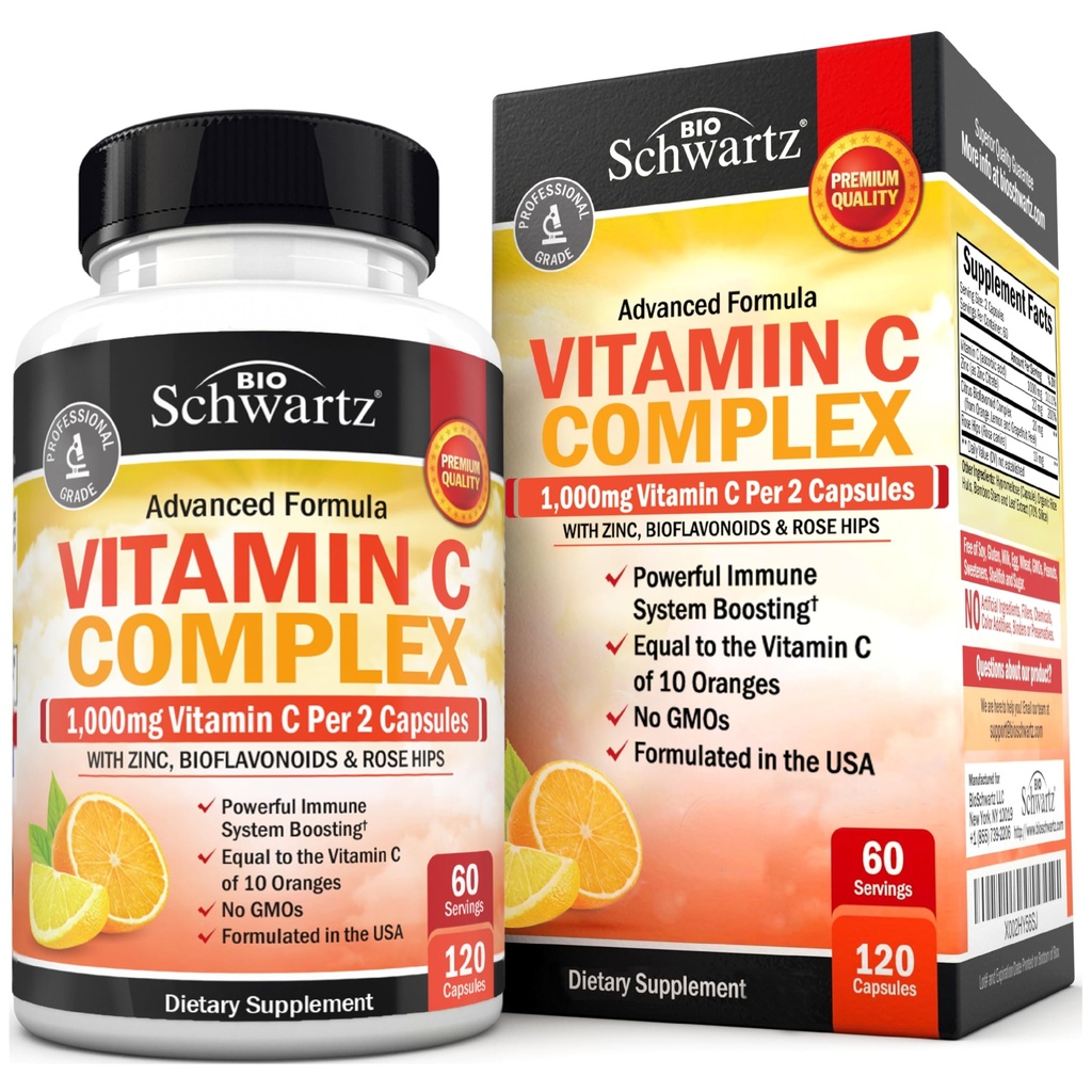 BioSchwartz 维生素C 复合体补充剂-维生素C 1000mg Capsules 配有玫瑰 HIPS 锌和Citrus Bioflavonoids 用于免疫健康,细胞能,Collagen 生产,120 Counter(60天供应)