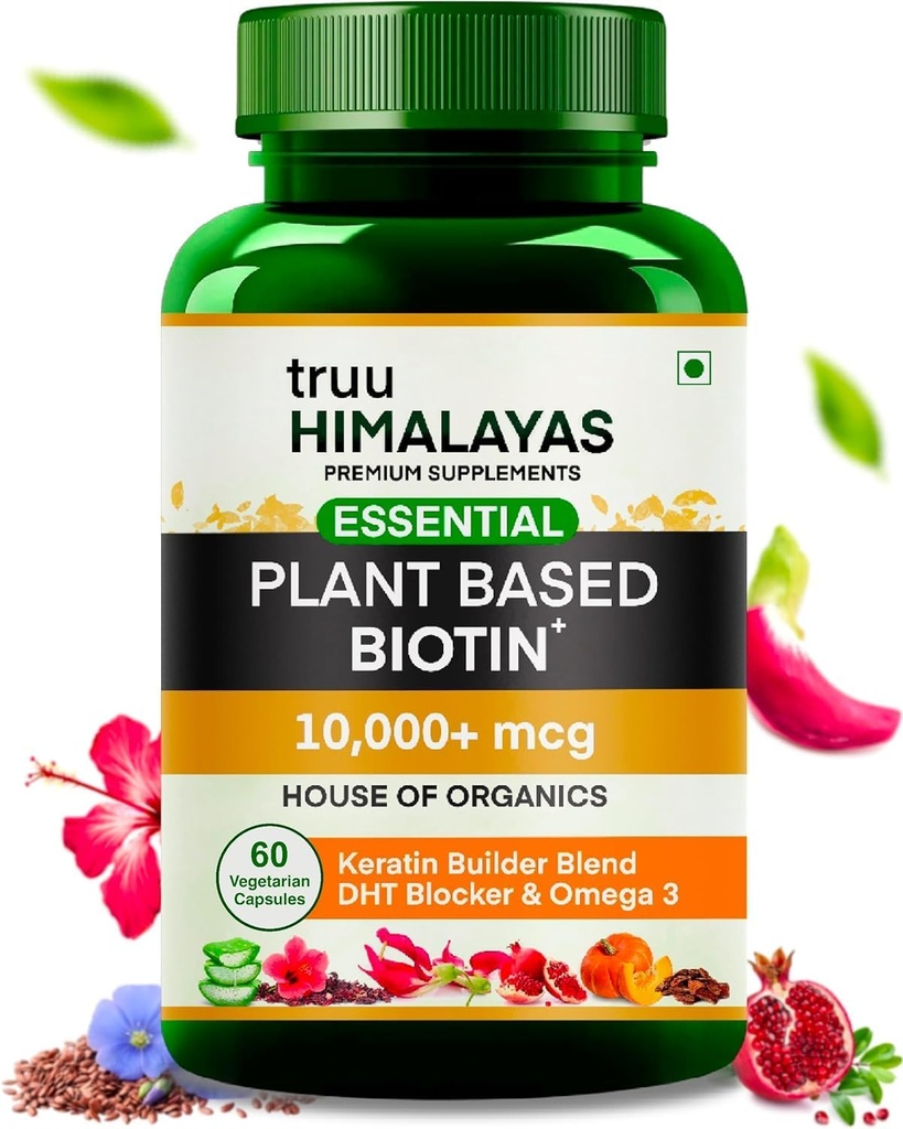DHT 屏蔽剂、Keratin和Omega 3 男女生命补充剂 -- -- Ayurvedic Nutrients for Hair fall, Skin & Nails Health -- -- 60 Capsules -- -- 用于长发的植物生物锡10000mcg