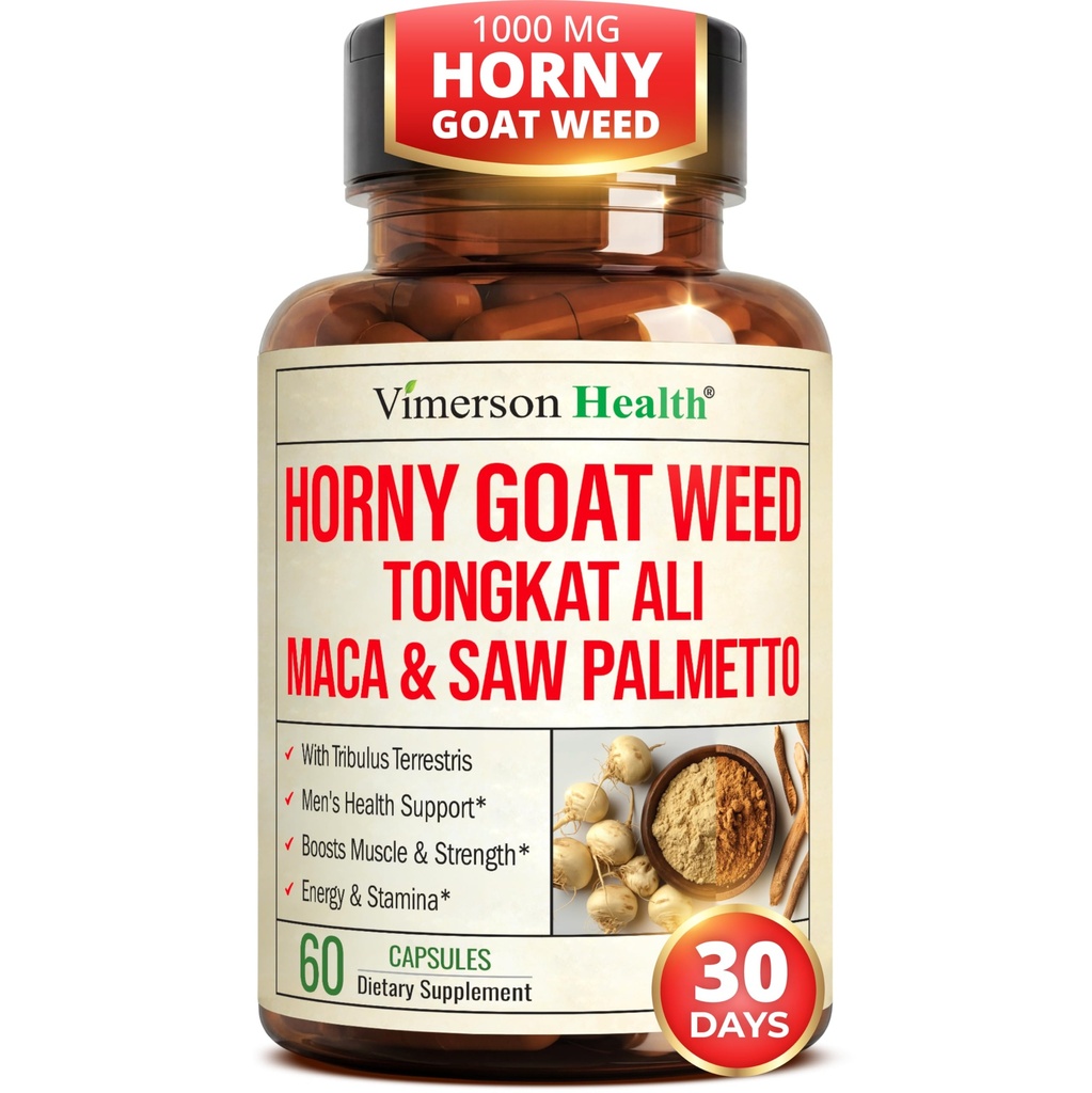 Horny Goat Weed for Men (每个服务1000mg) – 男性增强补充w/ Maca Root, Tongkat Ali, Saw Palmetto, Panax Ginseng, Tribulus Terrestris & L-Arginine for Energy, Drive & Power