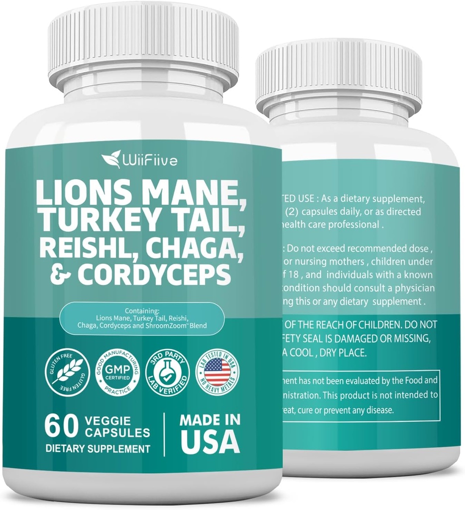 Lions Mane 3000mg 土耳其 Tail 3000mg Reishl 1000mg Chaga 1000mg Cordyceps 粉末提取 包含 Maitaake Shiitake 黑蘑菇, 大脑补充剂, 矿物补充剂, 60 Capsules