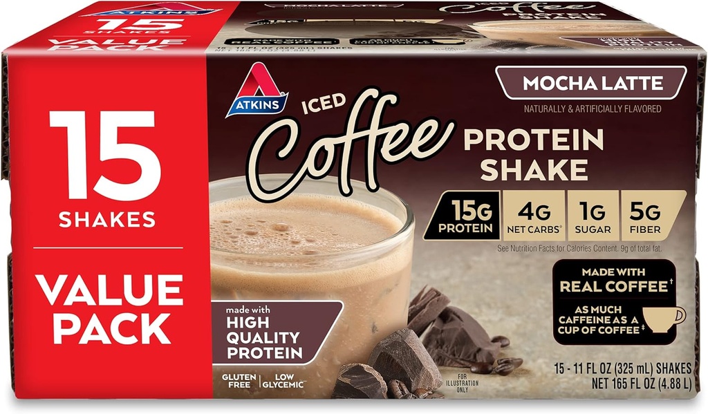 Atkins Gluten 自由蛋白-Rich Shake, Mocha Latte, Keto 友好, 15 个伯爵