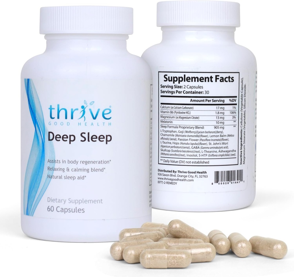 Trive Good Deep Sleep - 与碳酸钙,维生素B6,镁的睡眠补充 - 与Melatonin,L-Tryptophan,5-HTP,Inositol,天然植物提取物 - 60 Veggie Capsules的睡眠援助公式