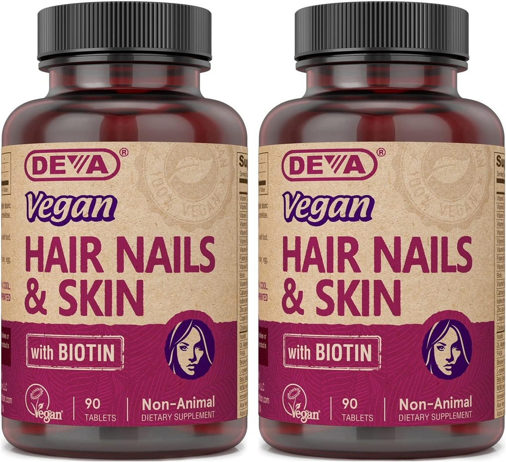 DEVA Vegan 维生素 头发、钉子和皮肤补充剂,每片500毫克生物素 90块(包装2)