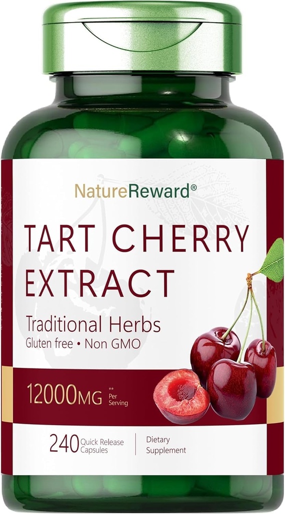 Tart Cherry 提取 12000 mg → 240 Capsules → 非 GMO 和 Gluten 自由公式 → 草药补充剂