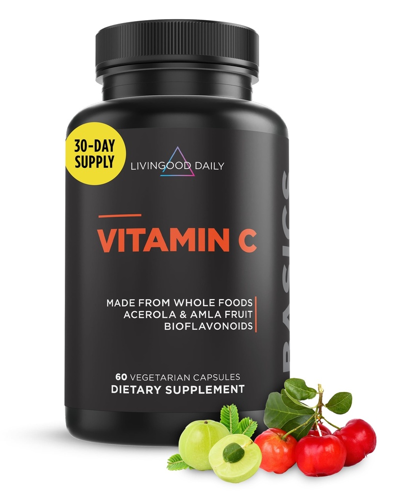 Livingood Daily Vitamin C 补编,3-in-1 全食维生素C 配有 Acerola & Amla 水果提取和Citrus Bioflavoids 供免疫支持,维根,Gluten Free,非转基因生物,60 Capsules