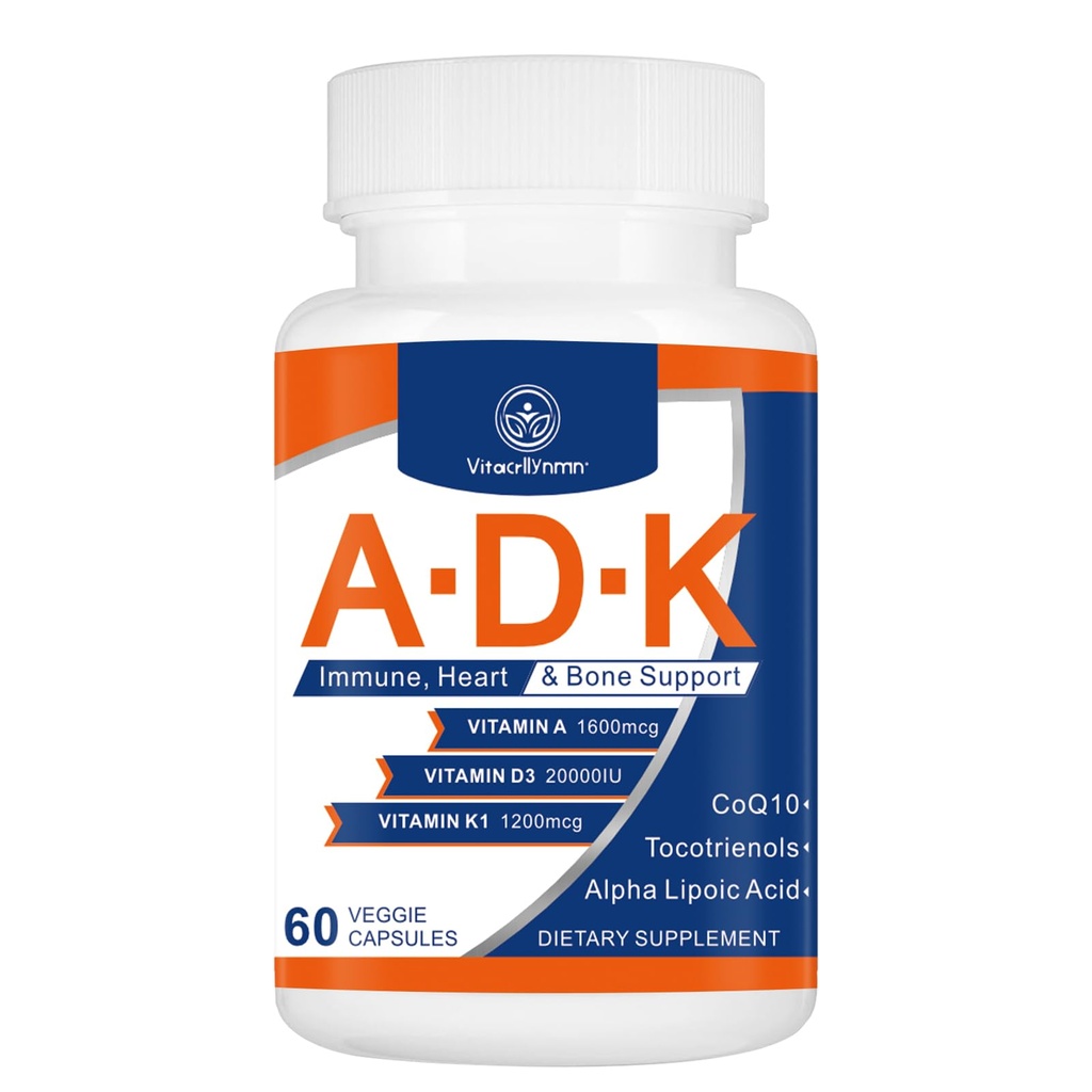 ADK 维生素补充20000 IU - 心脏、骨骼健康和免疫支持高发性维生素A、D3和K1