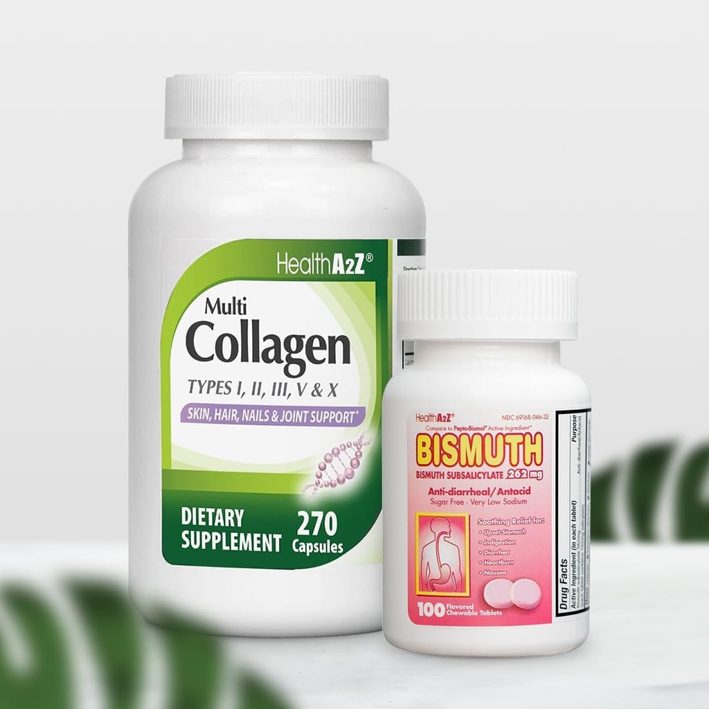 HealthA2Z® 巨型储蓄桶 - Bismuth 亚硅细胞酸盐 262mg(100片)和多烯烃,1735 mg(270 collagen Capsules)